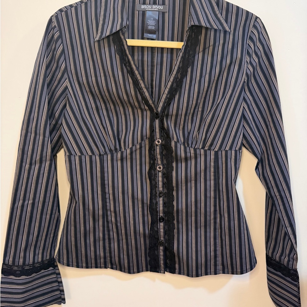 Vintage Y2K Striped Button-Up Blouse with Lace Trim BISOU BISOU
